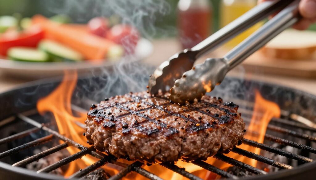 A close-up image of a juicy beef burger sizzling on a grill, showcasing the grilling process. The foreground features a perfectly shaped, seasoned beef patty with visible grill marks, set against a backdrop of bright orange flames and smoking embers. In the middle, there is a blurred out view of a pair of tongs carefully flipping the burger, accentuating the act of cooking. The background shows a vibrant, outdoor grilling setup with colorful vegetables and condiments, softly blurred to keep the focus on the burger. Soft, warm lighting enhances the appetizing colors and textures, while a shallow depth of field draws attention to the burger. The atmosphere is casual and inviting, evoking the sensory delight of summertime barbecuing.