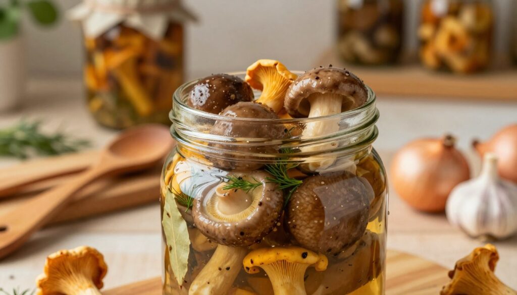 A close-up image of marinated mushrooms in a glass jar, showcasing their glossy surface and earthy colors. The foreground features a beautifully arranged jar filled with diverse mushrooms such as chanterelles, porcini, and shiitake, all swimming in a light golden marinade with visible herbs and spices like dill and bay leaves. The middle background displays wooden kitchen utensils and fresh ingredients like garlic and onions, creating a warm, rustic kitchen atmosphere. Soft, natural lighting enhances the rich textures, casting gentle shadows for depth. The background features softly blurred shelves lined with preserved jars and a hint of greenery, evoking the freshness of homemade preserves. The overall mood is inviting and homey, celebrating the art of preservation.