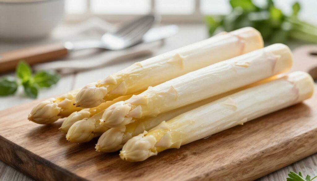 A close-up image of tender white asparagus spears, elegantly arranged on a rustic wooden cutting board. The asparagus should have a light sheen, showcasing its fresh, delicate texture. In the background, softly blurred kitchen utensils and fresh herbs create a warm, inviting atmosphere that reflects a cooking environment. Natural sunlight filters in from a nearby window, casting gentle, diffused light across the scene, enhancing the asparagus's subtle hues. Capture the image from a slightly elevated angle to emphasize the asparagus's shape and color while maintaining focus on the intricate details of the spears. The overall mood should evoke a sense of freshness and culinary creativity, perfect for showcasing alternative preparation techniques.
