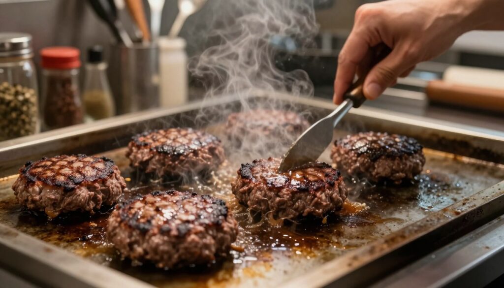 A close-up of a chef skillfully frying juicy beef burgers on a traditional stovetop griddle, capturing the sizzling sounds and rich aroma. The foreground features perfectly browned burgers, showcasing their crispy crust and juicy centers. In the middle ground, a well-equipped kitchen background with various utensils and spices, emphasizing a warm and inviting atmosphere. Soft, warm lighting illuminates the scene, highlighting the texture of the meat and the glossy sheen of the hot griddle. The angle is slightly above eye level, providing a dynamic perspective. The mood is lively and focused, ideal for showcasing the meticulous art of cooking beef burgers to perfection. A close-up of a chef skillfully frying juicy beef burgers on a traditional stovetop griddle, capturing the sizzling sounds and rich aroma. The foreground features perfectly browned burgers, showcasing their crispy crust and juicy centers. In the middle ground, a well-equipped kitchen background with various utensils and spices, emphasizing a warm and inviting atmosphere. Soft, warm lighting illuminates the scene, highlighting the texture of the meat and the glossy sheen of the hot griddle. The angle is slightly above eye level, providing a dynamic perspective. The mood is lively and focused, ideal for showcasing the meticulous art of cooking beef burgers to perfection.