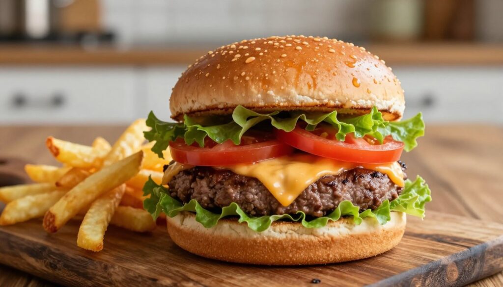 A close-up of a delicious beef burger sitting on a rustic wooden table, showcasing a fluffy bun layered with melted cheese, fresh greens, and sliced tomatoes. The burger is glistening with droplets of moisture, indicating freshness, while a side of crispy golden french fries is arranged artfully on the side. The background features a softly blurred kitchen setting, with warm, inviting lighting illuminating the scene, creating an appetizing atmosphere. The angle is slightly top-down, emphasizing the juicy layers of the burger and its vibrant colors. The overall mood is mouthwatering and enticing, perfect for illustrating a section on calorie content based on ingredients.