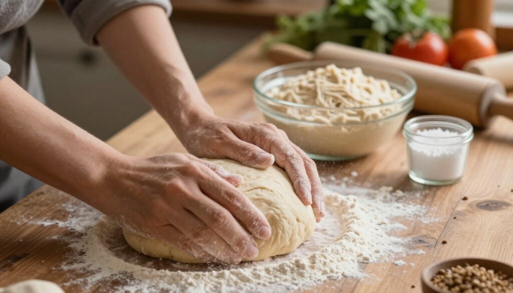A close-up of a skilled baker's hands kneading a dough made from spelt flour on a rustic wooden countertop. In the foreground, show flour dust rising as the dough is being worked, highlighting the texture and elasticity of the mixture. In the middle ground, include a bowl filled with the pre-fermented dough, alongside a small container with ingredients like water and salt, all illuminated by soft, warm lighting, emphasizing the inviting atmosphere of a cozy kitchen. The background should be a blur of various baking tools, such as a rolling pin, and fresh ingredients scattered on a wooden table. The mood is warm and rustic, evoking a sense of home and traditional baking techniques. A close-up of a skilled baker's hands kneading a dough made from spelt flour on a rustic wooden countertop. In the foreground, show flour dust rising as the dough is being worked, highlighting the texture and elasticity of the mixture. In the middle ground, include a bowl filled with the pre-fermented dough, alongside a small container with ingredients like water and salt, all illuminated by soft, warm lighting, emphasizing the inviting atmosphere of a cozy kitchen. The background should be a blur of various baking tools, such as a rolling pin, and fresh ingredients scattered on a wooden table. The mood is warm and rustic, evoking a sense of home and traditional baking techniques.