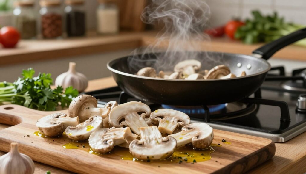 A close-up of fresh, vibrant oyster mushrooms being cooked in a rustic kitchen. In the foreground, a wooden cutting board is covered with sliced oyster mushrooms, some glistening with olive oil and herbs. In the middle, a frying pan on a classic stove has mushrooms sizzling, releasing steam. Surrounding the pan are aromatic ingredients like garlic and fresh parsley, enhancing the cooking scene. The background features warm, soft lighting, creating a welcoming atmosphere, with shelves lined with jars of spices and fresh vegetables. The focus is sharp on the mushrooms while the background is slightly blurred, giving a cozy, inviting mood to the image, perfect for illustrating cooking techniques. A close-up of fresh, vibrant oyster mushrooms being cooked in a rustic kitchen. In the foreground, a wooden cutting board is covered with sliced oyster mushrooms, some glistening with olive oil and herbs. In the middle, a frying pan on a classic stove has mushrooms sizzling, releasing steam. Surrounding the pan are aromatic ingredients like garlic and fresh parsley, enhancing the cooking scene. The background features warm, soft lighting, creating a welcoming atmosphere, with shelves lined with jars of spices and fresh vegetables. The focus is sharp on the mushrooms while the background is slightly blurred, giving a cozy, inviting mood to the image, perfect for illustrating cooking techniques.