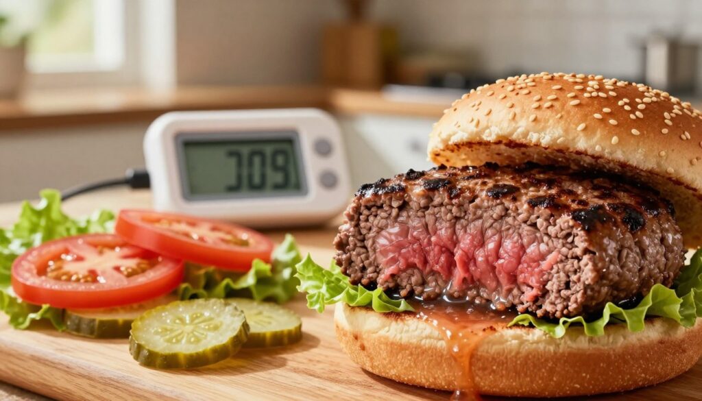 A close-up shot of a perfectly cooked beef burger showcasing its juicy interior. In the foreground, the cross-section of the thick beef patty reveals a medium-rare doneness, with a warm pink center and sizzling juices glistening under natural light. The burger is placed on a wooden cutting board with fresh, vibrant toppings like lettuce, tomatoes, and pickles arranged artfully around it. In the middle ground, a digital thermometer is displayed next to the burger, indicating the ideal cooking temperature. In the background, a softly blurred kitchen setting adds warmth to the scene, with sunlight streaming through a window, creating a cozy environment. Overall, the image evokes a sense of deliciousness and precision in cooking.