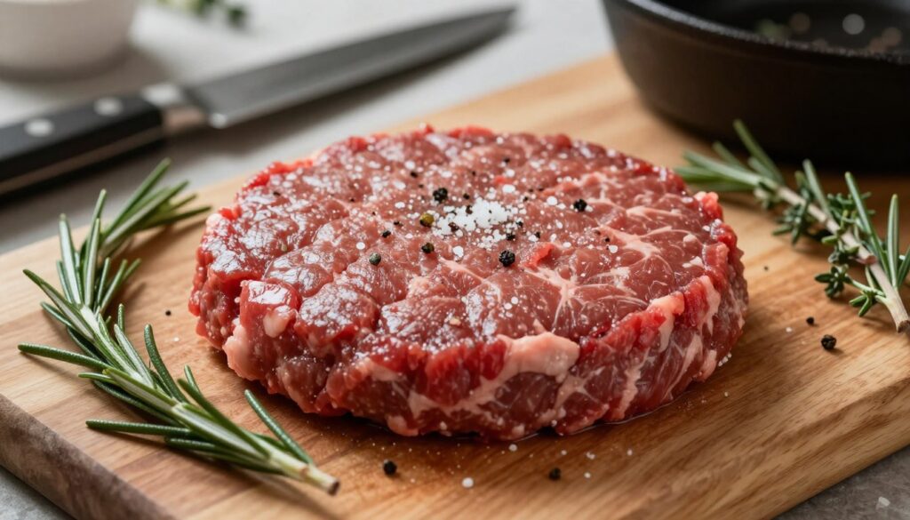 A close-up shot of a raw beef patty seasoned with a light sprinkle of salt and pepper, showcasing its rich, red color and natural texture. The patty is placed on a wooden cutting board, surrounded by fresh herbs like rosemary and thyme, complementing the meat’s aroma. Soft, natural lighting casts gentle shadows, emphasizing the patty's juiciness and the vibrancy of the herbs. In the background, blurred kitchen elements like a classic knife and a cast-iron skillet create an inviting atmosphere. The image captures the essence of preparing flavorful burgers while preserving the natural scent of the beef, evoking a sense of culinary craftsmanship and authenticity. A close-up shot of a raw beef patty seasoned with a light sprinkle of salt and pepper, showcasing its rich, red color and natural texture. The patty is placed on a wooden cutting board, surrounded by fresh herbs like rosemary and thyme, complementing the meat’s aroma. Soft, natural lighting casts gentle shadows, emphasizing the patty's juiciness and the vibrancy of the herbs. In the background, blurred kitchen elements like a classic knife and a cast-iron skillet create an inviting atmosphere. The image captures the essence of preparing flavorful burgers while preserving the natural scent of the beef, evoking a sense of culinary craftsmanship and authenticity.