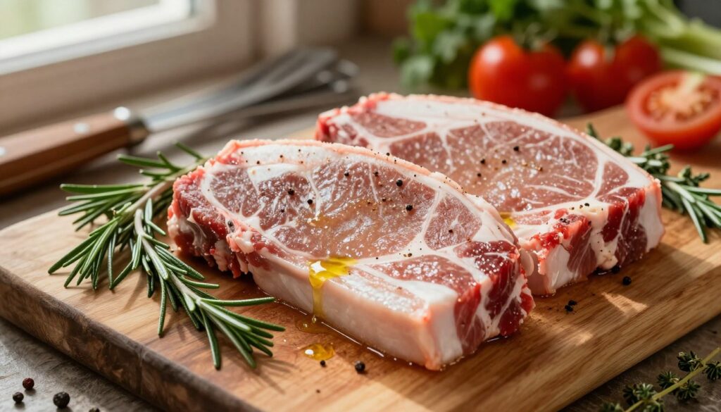 A close-up shot of beautifully marbled karkówki (pork neck steak) laid out on a rustic wooden cutting board, surrounded by fresh herbs like rosemary and thyme. The meat is seasoned with various spices, glistening with a light sheen of olive oil, indicating it’s ready for marination. In the background, soft-focus grill utensils and a vibrant assortment of fresh vegetables complement the scene. The lighting is warm and inviting, evoking a cozy kitchen atmosphere, with sunlight filtering through a nearby window, casting gentle shadows. The angle is slightly above the cutting board, enhancing the textures of the meat and herbs while drawing attention to the rustic setup, conveying a mood of preparation and anticipation for grilling.