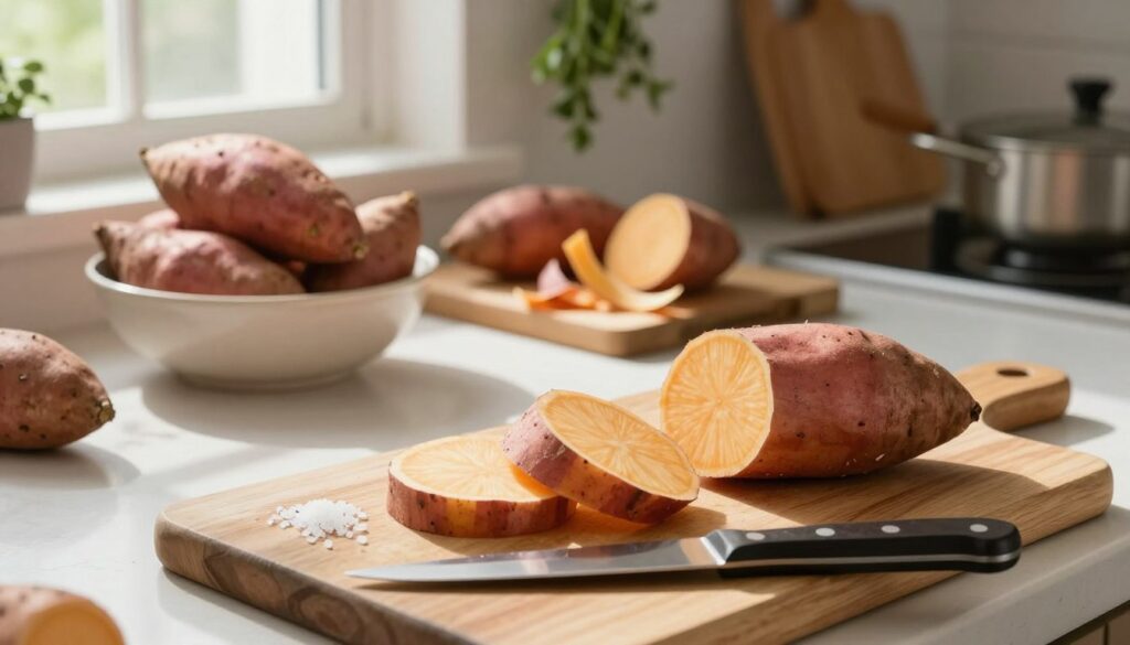 A close-up shot of sweet potatoes being prepared in a cozy kitchen setting. In the foreground, a wooden cutting board holds freshly peeled bataty (sweet potatoes) arranged neatly, with a sharp knife and a sprinkle of sea salt nearby. The middle ground features a bright, clean countertop with a bowl of whole sweet potatoes and a cutting board cluttered with vegetable peelings. Soft, natural light floods the scene from a nearby window, casting gentle shadows and creating a warm, inviting atmosphere. The background includes rustic kitchen elements like hanging herbs and wooden utensils, emphasizing a homely cooking environment. The overall mood is cheerful and focused, capturing the essence of preparing sweet potatoes for cooking without any distractions.