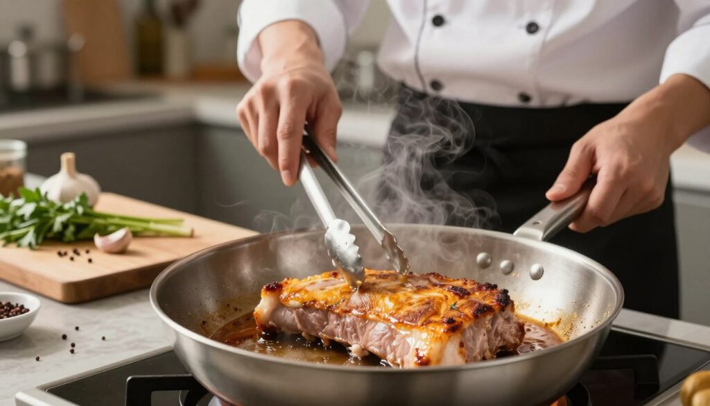 A close-up, vibrant image of a cook searing pork loin in a stainless steel skillet, showcasing golden-brown crust formation. The foreground features sizzling meat, with steam rising, filling the air with a sense of warmth and deliciousness. The cook, dressed in a crisp white chef's coat and black apron, is focused intently, holding a pair of tongs. In the middle ground, a cutting board with fresh herbs, garlic, and spices adds depth. The background displays a modern kitchen with soft, warm lighting that enhances the cozy atmosphere. The camera angle is slightly overhead, capturing both the action and the inviting setup. This scene conveys the essence of culinary preparation, highlighting the technique of browning meat before roasting.