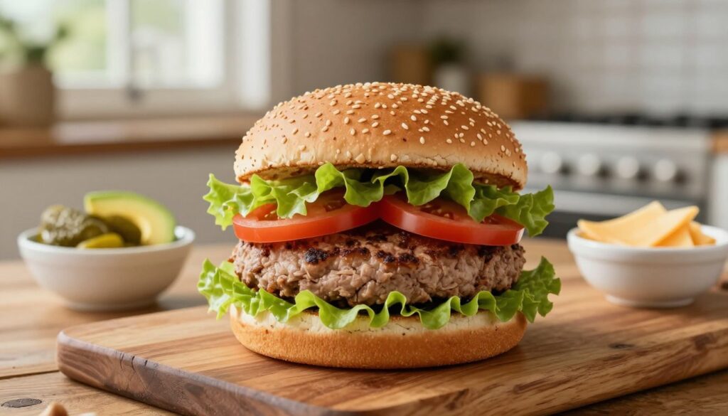 A close-up view of a healthy burger on a rustic wooden table, showcasing high-quality ingredients. In the foreground, highlight a whole grain bun, layered with fresh lettuce, sliced tomato, and a lean turkey patty. Surrounding the burger, include small bowls of healthy toppings like avocado slices, pickles, and low-fat cheese. In the background, an inviting kitchen setting with natural light pouring in through the window creates a warm atmosphere. Soft focus on the kitchen to draw attention to the burger, emphasizing its appetizing yet nutritious nature. Use a shallow depth of field for a professional photographic look, evoking feelings of health, energy, and satisfaction.