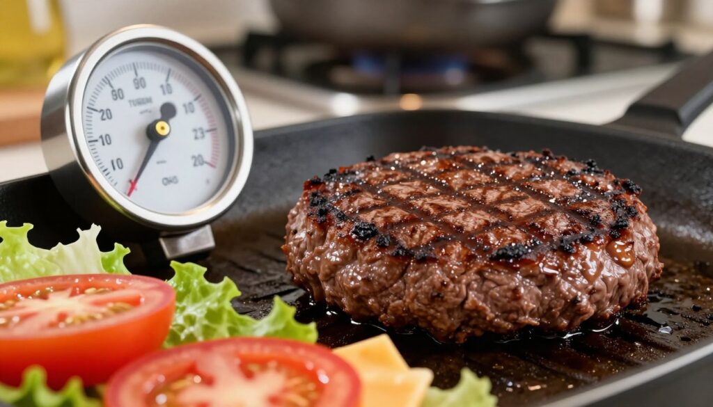 A close-up view of a perfectly grilled beef burger on a sizzling skillet, showcasing mouth-watering details like the glistening, seared crust and juicy interior. To the left, a stainless steel meat thermometer displays an accurate temperature reading, illustrating the importance of controlling doneness. The foreground features vibrant ingredients like fresh lettuce, ripe tomatoes, and slices of cheese, invitingly arranged around the burger. In the background, the kitchen ambiance includes subtle cooking utensils and a faint glow from overhead lighting, creating a warm and inviting atmosphere. The image should be well-lit to highlight the textures of the meat, with a shallow depth of field to emphasize the burger as the focal point, conveying a sense of culinary mastery. A close-up view of a perfectly grilled beef burger on a sizzling skillet, showcasing mouth-watering details like the glistening, seared crust and juicy interior. To the left, a stainless steel meat thermometer displays an accurate temperature reading, illustrating the importance of controlling doneness. The foreground features vibrant ingredients like fresh lettuce, ripe tomatoes, and slices of cheese, invitingly arranged around the burger. In the background, the kitchen ambiance includes subtle cooking utensils and a faint glow from overhead lighting, creating a warm and inviting atmosphere. The image should be well-lit to highlight the textures of the meat, with a shallow depth of field to emphasize the burger as the focal point, conveying a sense of culinary mastery.