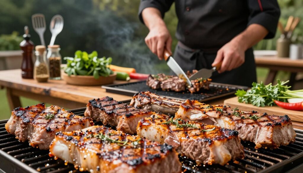 A close-up view of a skilled chef grilling juicy pork neck steaks, showcasing various grilling techniques to maintain moisture. The foreground features perfectly seared meat with golden-brown grill marks, marinated with herbs and spices, glistening under the heat. In the middle ground, the chef, dressed in a professional apron, is focused on flipping the steaks on a charcoal grill, surrounded by vibrant fresh herbs. The background portrays a lush outdoor setting, with cooking utensils and seasonings elegantly arranged on a rustic wooden table. Warm, natural lighting enhances the inviting atmosphere, creating an appetizing mood. Capture the essence of grilling artistry, emphasizing the skill and care involved in achieving tender, flavorful pork neck.
