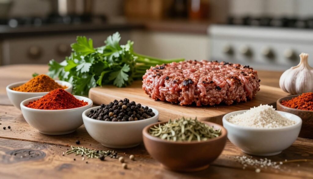 A close-up view of an assortment of vibrant spices laid out on a rustic wooden table. In the foreground, there are small bowls filled with colorful spices such as paprika, black pepper, garlic powder, and dried herbs, each labeled for clarity. The middle ground features a seasoned ground beef patty ready to be shaped into a burger, surrounded by fresh parsley and garlic cloves, hinting at the preparation process. In the background, a blurred kitchen scene with dim, warm lighting enhances the cozy atmosphere. The image should have a slight depth of field, focusing on the spices and meat while the background remains softly out of focus, evoking a sense of culinary warmth and creativity. A close-up view of an assortment of vibrant spices laid out on a rustic wooden table. In the foreground, there are small bowls filled with colorful spices such as paprika, black pepper, garlic powder, and dried herbs, each labeled for clarity. The middle ground features a seasoned ground beef patty ready to be shaped into a burger, surrounded by fresh parsley and garlic cloves, hinting at the preparation process. In the background, a blurred kitchen scene with dim, warm lighting enhances the cozy atmosphere. The image should have a slight depth of field, focusing on the spices and meat while the background remains softly out of focus, evoking a sense of culinary warmth and creativity.
