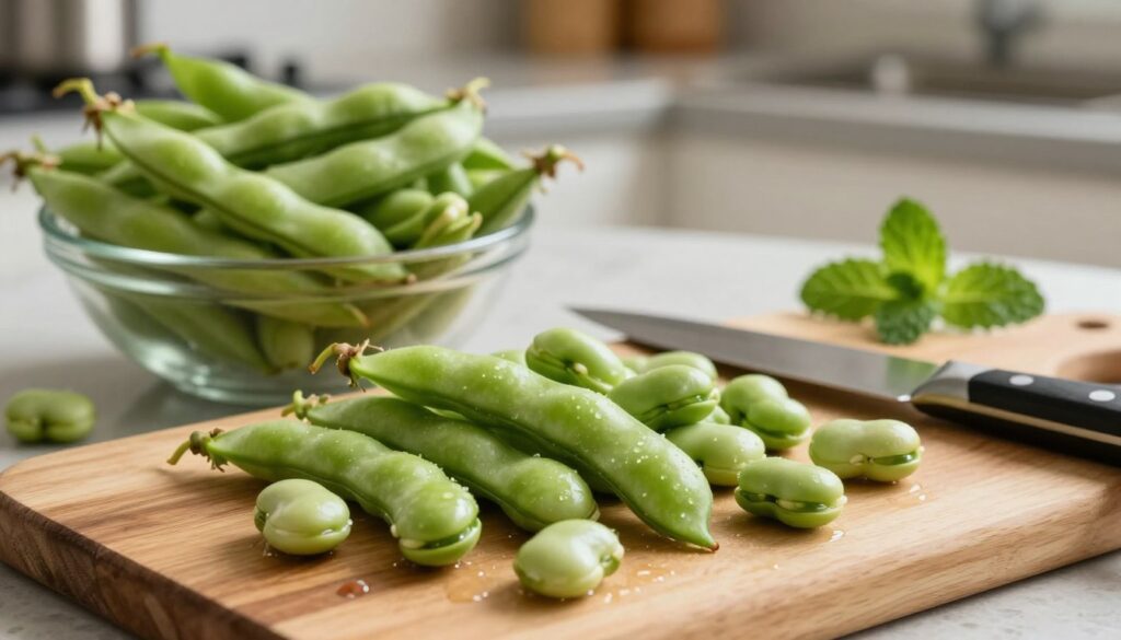 A close-up view of fresh broad beans being prepared for cooking. In the foreground, a wooden cutting board is arranged with vibrant green, perfectly shelled broad beans, glistening with moisture. A chef's knife rests beside them, its blade reflecting soft kitchen light. In the middle ground, a bowl filled with unshelled broad beans sits, showcasing their rich, velvety pods still attached. The background features a softly lit kitchen counter with a few herbs and a sprig of mint, enhancing the fresh atmosphere. The lighting is warm and inviting, creating a cozy cooking vibe, while the depth of field focuses clearly on the beans and cutting board. The mood is calm and cheerful, capturing the essence of preparing a delicious dish. A close-up view of fresh broad beans being prepared for cooking. In the foreground, a wooden cutting board is arranged with vibrant green, perfectly shelled broad beans, glistening with moisture. A chef's knife rests beside them, its blade reflecting soft kitchen light. In the middle ground, a bowl filled with unshelled broad beans sits, showcasing their rich, velvety pods still attached. The background features a softly lit kitchen counter with a few herbs and a sprig of mint, enhancing the fresh atmosphere. The lighting is warm and inviting, creating a cozy cooking vibe, while the depth of field focuses clearly on the beans and cutting board. The mood is calm and cheerful, capturing the essence of preparing a delicious dish.