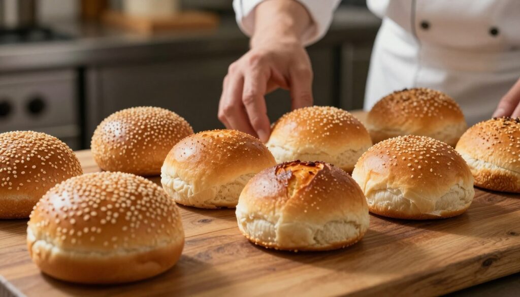 A close-up view of freshly baked burger buns, perfectly golden and lightly toasted, sitting on a rustic wooden table. The foreground features a variety of buns, including sesame seed, classic brioche, and whole grain options, emphasizing their textures and colors. In the middle ground, a chef's hand is reaching towards the buns, showcasing a sense of selection and focus on quality. The background includes a softly blurred kitchen setting with gentle, warm lighting that enhances the inviting atmosphere. The scene conveys a sense of culinary expertise and appreciation for the essential role that the right bun plays in the flavor of a burger, evoking a mouthwatering experience. The angle should be slightly elevated, capturing both the details of the buns and the context of a professional kitchen environment. A close-up view of freshly baked burger buns, perfectly golden and lightly toasted, sitting on a rustic wooden table. The foreground features a variety of buns, including sesame seed, classic brioche, and whole grain options, emphasizing their textures and colors. In the middle ground, a chef's hand is reaching towards the buns, showcasing a sense of selection and focus on quality. The background includes a softly blurred kitchen setting with gentle, warm lighting that enhances the inviting atmosphere. The scene conveys a sense of culinary expertise and appreciation for the essential role that the right bun plays in the flavor of a burger, evoking a mouthwatering experience. The angle should be slightly elevated, capturing both the details of the buns and the context of a professional kitchen environment.