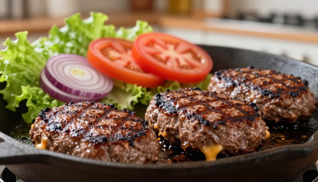 A close-up view of grilled beef burgers sizzling on a cast iron skillet, highlighting their perfectly browned crusts and juicy interiors. The foreground captures the burgers as they cook, with melted cheese beginning to ooze over the edges. The middle ground showcases an array of fresh ingredients—crisp lettuce, ripe tomato slices, and red onions—ready for assembly. In the background, a softly blurred kitchen setting with warm lighting creates a cozy atmosphere, enhancing the appeal of homemade cooking. The lens focuses on the texture of the meat, emphasizing grill marks and juices glistening. The mood is inviting, celebrating the art of cooking with an emphasis on achieving that perfect level of doneness. A close-up view of grilled beef burgers sizzling on a cast iron skillet, highlighting their perfectly browned crusts and juicy interiors. The foreground captures the burgers as they cook, with melted cheese beginning to ooze over the edges. The middle ground showcases an array of fresh ingredients—crisp lettuce, ripe tomato slices, and red onions—ready for assembly. In the background, a softly blurred kitchen setting with warm lighting creates a cozy atmosphere, enhancing the appeal of homemade cooking. The lens focuses on the texture of the meat, emphasizing grill marks and juices glistening. The mood is inviting, celebrating the art of cooking with an emphasis on achieving that perfect level of doneness.