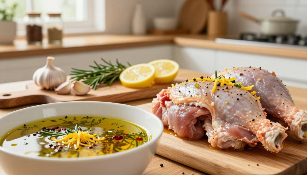 A close-up view of the marination process for turkey meat, showcasing a beautifully arranged workspace. In the foreground, a bowl filled with a vibrant marinade of herbs, spices, olive oil, and citrus zest is placed next to the raw turkey pieces, glistening with a light coating of the mixture. In the middle ground, a wooden cutting board holds fresh garlic cloves, rosemary sprigs, and slices of lemon, enhancing the visual appeal. The background features a soft-focus kitchen setting, with wooden shelves lined with jars of spices and cooking utensils. Warm, natural lighting filters through a nearby window, creating an inviting atmosphere. The composition emphasizes the culinary art of marinating, inspiring a sense of creativity and delicious anticipation.
