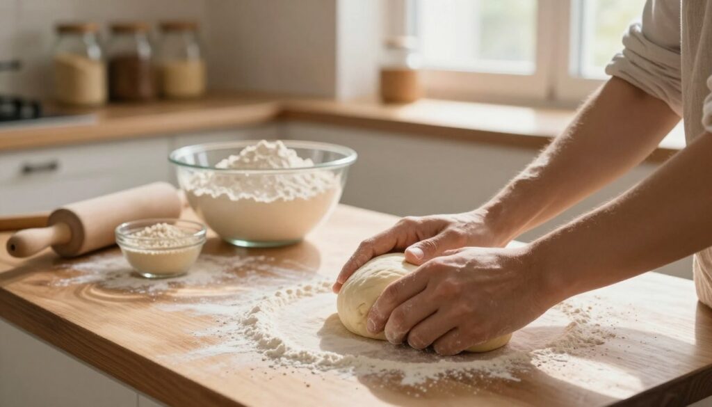 A cozy home kitchen scene focusing on the techniques of kneading bread dough. In the foreground, a pair of hands skillfully work a smooth, elastic dough on a wooden countertop, dusted with flour. The middle layer features a mixing bowl filled with ingredients like flour, water, and yeast, alongside scattered flour and a rolling pin. In the background, shelves hold glass jars of baking essentials, and sunlight streams in through a window, casting a warm glow over the scene. The mood is inviting and homely, capturing the essence of traditional bread-making. Use soft, natural lighting to enhance the cozy atmosphere, and shoot with a slightly blurred background to focus on the kneading process. A cozy home kitchen scene focusing on the techniques of kneading bread dough. In the foreground, a pair of hands skillfully work a smooth, elastic dough on a wooden countertop, dusted with flour. The middle layer features a mixing bowl filled with ingredients like flour, water, and yeast, alongside scattered flour and a rolling pin. In the background, shelves hold glass jars of baking essentials, and sunlight streams in through a window, casting a warm glow over the scene. The mood is inviting and homely, capturing the essence of traditional bread-making. Use soft, natural lighting to enhance the cozy atmosphere, and shoot with a slightly blurred background to focus on the kneading process.