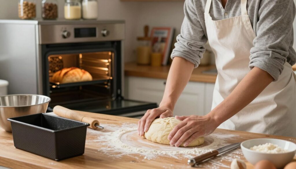 A cozy kitchen scene depicting the process of shaping and baking gluten-free bread. In the foreground, a baker, dressed in a white apron and casual attire, gently forms a loaf of dough on a wooden countertop. Flour is lightly dusted around, and various baking tools, a mixing bowl, and a bread pan are nearby. In the middle, an oven door is open, revealing a golden-brown gluten-free loaf rising inside. The background features warm lighting, creating a welcoming atmosphere, with rustic shelves filled with jars of ingredients and cookbooks. The focus is sharp on the bread-making process, with a soft bokeh effect on the background to highlight the artistry involved in crafting gluten-free bread. A cozy kitchen scene depicting the process of shaping and baking gluten-free bread. In the foreground, a baker, dressed in a white apron and casual attire, gently forms a loaf of dough on a wooden countertop. Flour is lightly dusted around, and various baking tools, a mixing bowl, and a bread pan are nearby. In the middle, an oven door is open, revealing a golden-brown gluten-free loaf rising inside. The background features warm lighting, creating a welcoming atmosphere, with rustic shelves filled with jars of ingredients and cookbooks. The focus is sharp on the bread-making process, with a soft bokeh effect on the background to highlight the artistry involved in crafting gluten-free bread.