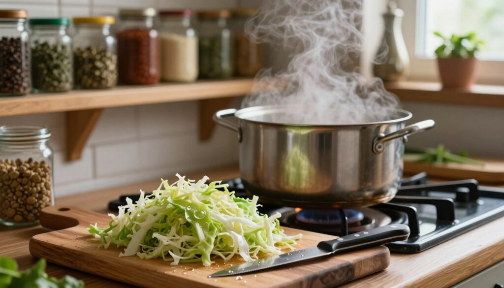 A cozy kitchen scene showcasing the preparation of sauerkraut for a traditional bigos recipe. In the foreground, a wooden cutting board holds freshly chopped green and white cabbage, glistening with water droplets, alongside a sharp knife. In the middle, a large stainless steel pot simmers gently on the stove, with steam rising softly into the air, hinting at the cooking process. The background features rustic shelves lined with jars of spices, herbs, and other ingredients, bathed in warm, natural light filtering through a window. The atmosphere is inviting and homely, emphasizing the warmth of a home-cooked meal, with a slightly blurred focus to enhance the intimacy of the moment. A cozy kitchen scene showcasing the preparation of sauerkraut for a traditional bigos recipe. In the foreground, a wooden cutting board holds freshly chopped green and white cabbage, glistening with water droplets, alongside a sharp knife. In the middle, a large stainless steel pot simmers gently on the stove, with steam rising softly into the air, hinting at the cooking process. The background features rustic shelves lined with jars of spices, herbs, and other ingredients, bathed in warm, natural light filtering through a window. The atmosphere is inviting and homely, emphasizing the warmth of a home-cooked meal, with a slightly blurred focus to enhance the intimacy of the moment.