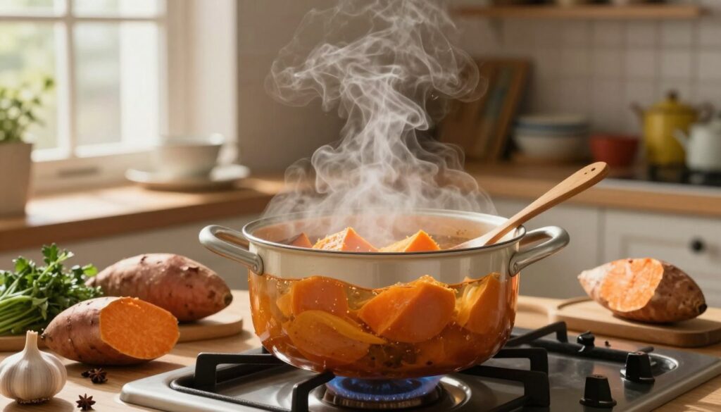A cozy kitchen scene with a pot of vibrant orange sweet potatoes simmering on a stovetop. In the foreground, the pot is surrounded by ingredients like fresh herbs, garlic, and spices, inviting a sense of warmth and homeliness. The middle ground shows soft steam rising from the pot, capturing the cooking process, with a wooden spoon resting against the side. In the background, shelves are lined with cookbooks and colorful kitchenware, enhancing the atmosphere. The scene is illuminated by warm, natural light filtering through a nearby window, casting soft shadows that add depth. The overall mood feels inviting and peaceful, perfect for illustrating the art of cooking sweet potatoes to achieve the ideal texture.