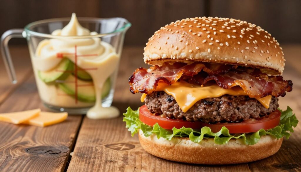 A detailed and visually engaging composition showcasing the caloric content of a burger. In the foreground, a gourmet burger stacked high with juicy beef patty, melted cheese, crispy bacon, fresh lettuce, ripe tomato, and a sesame seed bun, all glistening with a light sheen to emphasize freshness. The middle ground features a measuring cup filled with calorie-laden ingredients like mayonnaise, avocado, and cheese, artistically spilling over. In the background, a rustic wooden table sets a warm and inviting atmosphere, complemented by soft, natural lighting that casts gentle shadows. The camera angle is slightly elevated, focusing on the burger's layers, creating depth while evoking a sense of indulgence and satisfaction. The overall mood is appetizing and informative, perfect for an analytical discussion on burger caloric content and ingredient influence.