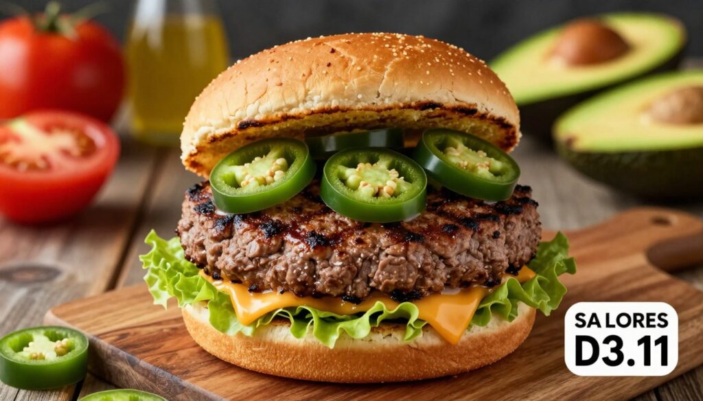 A detailed close-up image of a jalapeño burger on a rustic wooden table, highlighting its layers: a perfectly grilled beef patty, fresh jalapeños sliced on top, crisp lettuce, and melted cheese oozing down the sides. The bun is lightly toasted, adding a golden hue. In the background, colorful ingredients like ripe tomatoes, avocados, and condiments are artfully arranged, emphasizing the meal's overall composition and calorie count. The lighting is warm and inviting, casting soft shadows that enhance the texture of the burger and ingredients. The angle is slightly above the burger, showcasing its height and deliciousness, evoking a mouth-watering atmosphere. Perfect for illustrating the relationship between burger ingredients and calorie content.