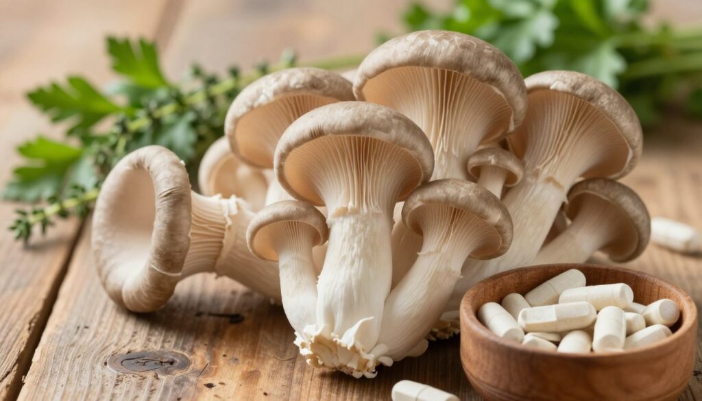 A detailed close-up of fresh oyster mushrooms (boczniaki) arranged artfully on a rustic wooden table. The mushrooms should appear vibrant and inviting, showcasing their unique textures and subtle color variations. In the foreground, include a small wooden bowl filled with nutritional supplements, representing the health benefits of the mushrooms. The background should be softly blurred, with hints of fresh herbs like parsley and thyme, suggesting a natural kitchen environment. Warm, natural lighting should illuminate the scene, creating a cozy and wholesome atmosphere. The composition should be shot from a slightly elevated angle to emphasize the depth and richness of the ingredients while evoking a sense of freshness and vitality. A detailed close-up of fresh oyster mushrooms (boczniaki) arranged artfully on a rustic wooden table. The mushrooms should appear vibrant and inviting, showcasing their unique textures and subtle color variations. In the foreground, include a small wooden bowl filled with nutritional supplements, representing the health benefits of the mushrooms. The background should be softly blurred, with hints of fresh herbs like parsley and thyme, suggesting a natural kitchen environment. Warm, natural lighting should illuminate the scene, creating a cozy and wholesome atmosphere. The composition should be shot from a slightly elevated angle to emphasize the depth and richness of the ingredients while evoking a sense of freshness and vitality.