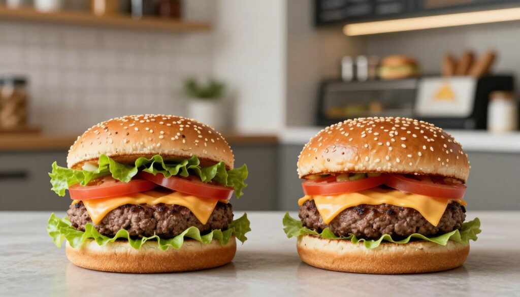 A detailed comparison of calorie content between homemade and restaurant burgers. In the foreground, showcase two visually distinct burgers: a hearty homemade burger with a rustic bun, fresh lettuce, tomato slices, melted cheese, and a juicy beef patty, contrasted by a classic restaurant-style burger with glossy sesame seed bun, processed cheese, and standardized toppings. In the background, include a stylish kitchen and a modern fast-food environment, symbolizing the two cooking styles. Use soft, natural lighting to create an inviting atmosphere, with a shallow depth of field capturing the burgers in sharp focus while gently blurring the background. The scene should evoke a sense of culinary exploration, inviting viewers to consider the differences in taste and nutrition.
