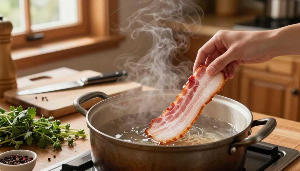 A detailed kitchen scene showcasing the step-by-step technique for poaching smoked bacon. In the foreground, a large, rustic pot simmering with water, surrounded by fresh ingredients like herbs and spices. A close-up view of a perfectly cut piece of smoked bacon being carefully placed into the pot with steam rising. The middle ground features an array of cooking utensils, a chopping board, and a knife, all organized neatly. The background displays warm wooden cabinetry, with soft, natural lighting filtering through a window, creating a cozy and inviting atmosphere. The angle should be slightly elevated to capture all elements harmoniously while emphasizing the cooking process. The mood is warm and inviting, ideal for a culinary article. A detailed kitchen scene showcasing the step-by-step technique for poaching smoked bacon. In the foreground, a large, rustic pot simmering with water, surrounded by fresh ingredients like herbs and spices. A close-up view of a perfectly cut piece of smoked bacon being carefully placed into the pot with steam rising. The middle ground features an array of cooking utensils, a chopping board, and a knife, all organized neatly. The background displays warm wooden cabinetry, with soft, natural lighting filtering through a window, creating a cozy and inviting atmosphere. The angle should be slightly elevated to capture all elements harmoniously while emphasizing the cooking process. The mood is warm and inviting, ideal for a culinary article.