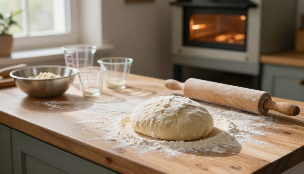 A detailed scene depicting the various techniques of bread dough rising. In the foreground, a beautifully arranged wooden kitchen countertop with a bowl of freshly kneaded dough, dusted with flour, ready to rise. Soft natural light streams in from a nearby window, highlighting the texture of the dough. In the middle ground, a series of measuring cups and a wooden rolling pin scattered with flour give a sense of preparation. In the background, a rustic oven with warm light glowing inside, hinting at the baking process. The atmosphere is cozy and inviting, suggesting the joy of home baking. The overall composition should evoke warmth and comfort, perfect for illustrating the art of bread making.