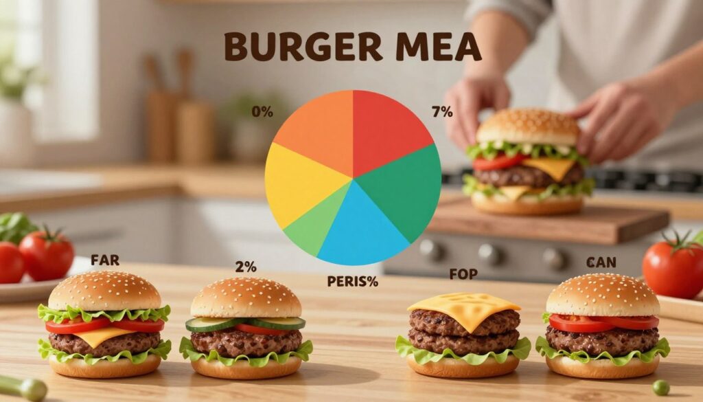 A detailed, visually appealing infographic showcasing the nutritional breakdown of a burger meal, emphasizing elements like calories, fats, proteins, and carbohydrates. In the foreground, include colorful illustrations of burger ingredients such as lettuce, tomatoes, cheese, and patties, arranged methodically to represent their nutritional contributions. The middle layer should feature a well-structured pie chart or bar graph displaying the percentage breakdown of the nutritional values. In the background, create a subtle kitchen setting with soft, warm lighting to convey a homely atmosphere. The perspective should be slightly elevated, focusing on the infographic while hinting at the burger assembly process. Overall, the mood should be informative yet inviting, capturing the essence of healthy eating.