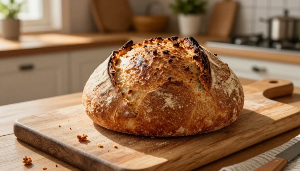 A freshly baked loaf of wheat bread, showcasing a golden-brown, crispy crust with intricate texture details, sitting on a rustic wooden cutting board. In the foreground, there's a few crumbs scattered artistically around the loaf, emphasizing its freshness. The middle ground features a gently diffused light shining from the left, highlighting the glistening crust and creating soft shadows. In the background, a cozy kitchen scene with warm wooden cabinetry, vintage baking tools, and herbs in pots, enhancing the inviting atmosphere. The angle is slightly top-down, capturing the entire loaf while drawing attention to the perfect crust, embodying the secrets to achieving a crunchy exterior in homemade bread baking. A warm and homey ambiance pervades the scene, inviting viewers into the art of bread-making.