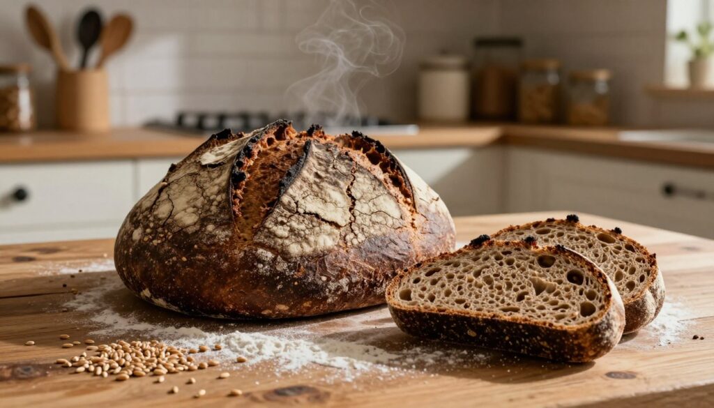 A freshly baked rye bread loaf, with a dark, crusty exterior, sits on a rustic wooden kitchen table. The bread's surface showcases a beautiful crackle and texture, indicating a perfect bake. In the foreground, a loaf is sliced open, revealing its dense, moist crumb with a rich, nutty color and a hint of steam rising. Scattered around the table are ingredients like rye grains and a dusting of flour, adding to the home-baking atmosphere. In the background, a softly lit kitchen features warm, inviting tones, with shelves lined with baking tools and jars. The lighting is warm and natural, casting soft shadows. The scene conveys a cozy, domestic atmosphere, celebrating the art of baking rye bread at home.