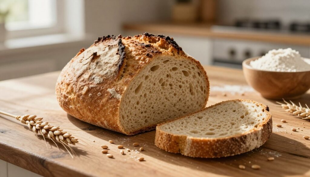A freshly baked spelt bread loaf, perfectly golden brown with a rustic crust, sits on a rustic wooden table. The bread is sliced to reveal its tender, airy crumb, showcasing the texture and freshness. Surrounding the loaf are scattered grains of spelt wheat and a small bowl of flour, emphasizing the natural ingredients. In the background, soft-bokeh lighting in warm tones creates a cozy atmosphere, evoking a homely kitchen. The scene is illuminated by soft, natural light from a nearby window, casting gentle shadows. The composition is shot from a slight overhead angle to capture the bread's details. The mood is inviting and warm, ideal for illustrating the process of baking spelt bread step by step. A freshly baked spelt bread loaf, perfectly golden brown with a rustic crust, sits on a rustic wooden table. The bread is sliced to reveal its tender, airy crumb, showcasing the texture and freshness. Surrounding the loaf are scattered grains of spelt wheat and a small bowl of flour, emphasizing the natural ingredients. In the background, soft-bokeh lighting in warm tones creates a cozy atmosphere, evoking a homely kitchen. The scene is illuminated by soft, natural light from a nearby window, casting gentle shadows. The composition is shot from a slight overhead angle to capture the bread's details. The mood is inviting and warm, ideal for illustrating the process of baking spelt bread step by step.