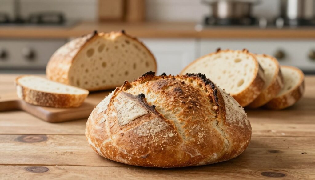 A freshly baked wheat bread loaf with a golden, crispy crust sits prominently in the foreground. The bread has a beautiful artisanal shape, with a well-defined scoring pattern on top, indicating steam release during baking. In the middle ground, there are a few slices of the bread, showcasing its airy and soft interior with small holes, emphasizing its texture. The background features a rustic wooden table and a cozy kitchen setting, with soft, warm lighting that highlights the bread's crust and creates a welcoming atmosphere. The image captures a feeling of homeliness and culinary joy, inviting viewers to appreciate the beauty of homemade wheat bread.