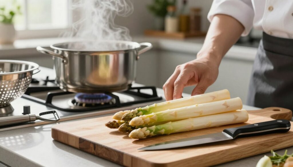 A kitchen scene featuring the professional preparation of white asparagus. In the foreground, a wooden cutting board with freshly washed and peeled asparagus spears arranged neatly, showcasing their pale green and white hues. A sharp chef's knife glistens beside them. In the middle ground, a stainless steel pot with water being heated on a gas stove, steam gently rising. A few kitchen tools, like a peeler and a colander, are scattered around, adding to the cooking atmosphere. The background features softly lit kitchen shelves with herbs and spices, creating a warm, inviting ambiance. The scene is illuminated with natural light from a nearby window, casting soft shadows that enhance texture. The overall mood is professional and culinary-focused, emphasizing the meticulous care involved in asparagus preparation.