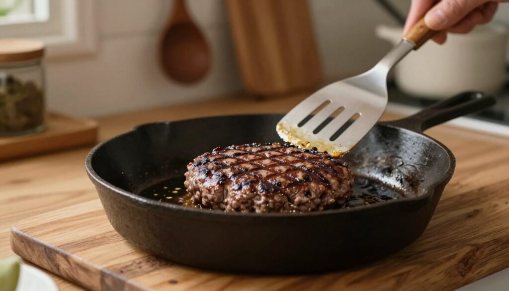 A perfectly cooked burger sizzling on a cast-iron skillet, set on a wooden kitchen countertop. In the foreground, the burger is shown mid-cooking, with grill marks and glistening juices visible, emphasizing a juicy patty. The middle ground features a metal spatula, slightly out of focus, as it hovers near the burger, conveying action. The background reveals a cozy kitchen ambiance with warm, soft lighting, and rustic kitchen utensils hanging on the wall. The overall atmosphere is inviting and homely, targeting food enthusiasts. The image should capture the essence of achieving the ideal burger doneness, showcasing rich textures and a mouth-watering visual appeal.