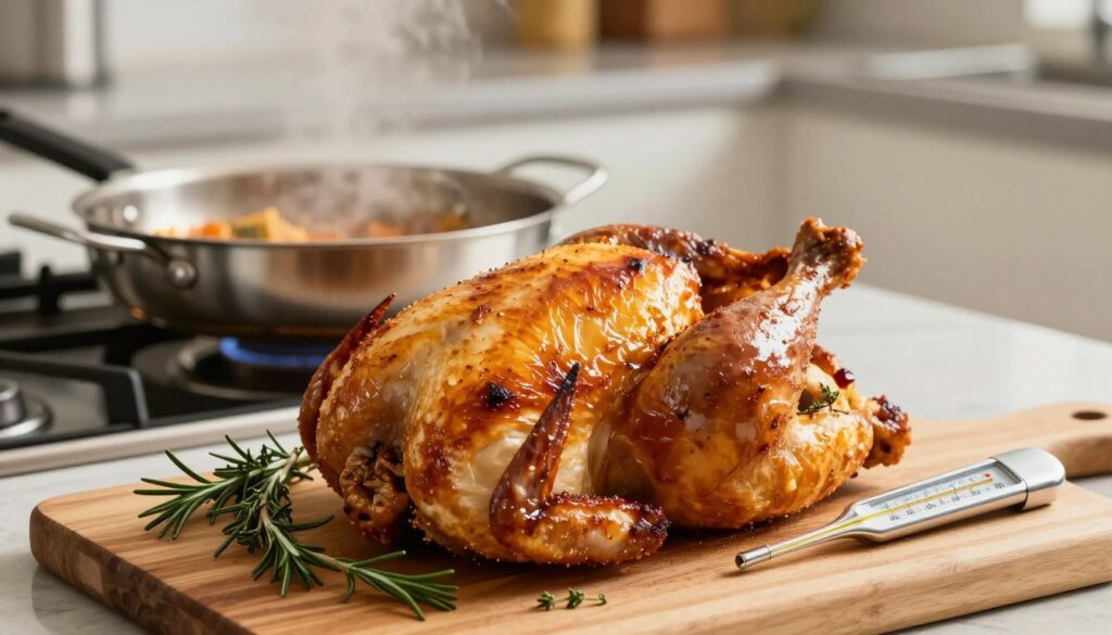 A perfectly roasted chicken placed on a wooden cutting board in the foreground, with a meat thermometer indicating an ideal internal temperature. The chicken's skin is golden-brown and crispy, glistening under warm kitchen light, evoking a sense of appetizing warmth. Surrounding the chicken, fresh herbs like rosemary and thyme add vibrant color and freshness. In the middle ground, a stainless steel pan sits on a stove, with a faint simmering sauce, hinting at a culinary process. The background features a clean, modern kitchen setting, softly blurred to keep focus on the chicken. The overall atmosphere is warm and inviting, suggesting safety in cooking and the importance of temperature control for perfect results, shot with a shallow depth of field.
