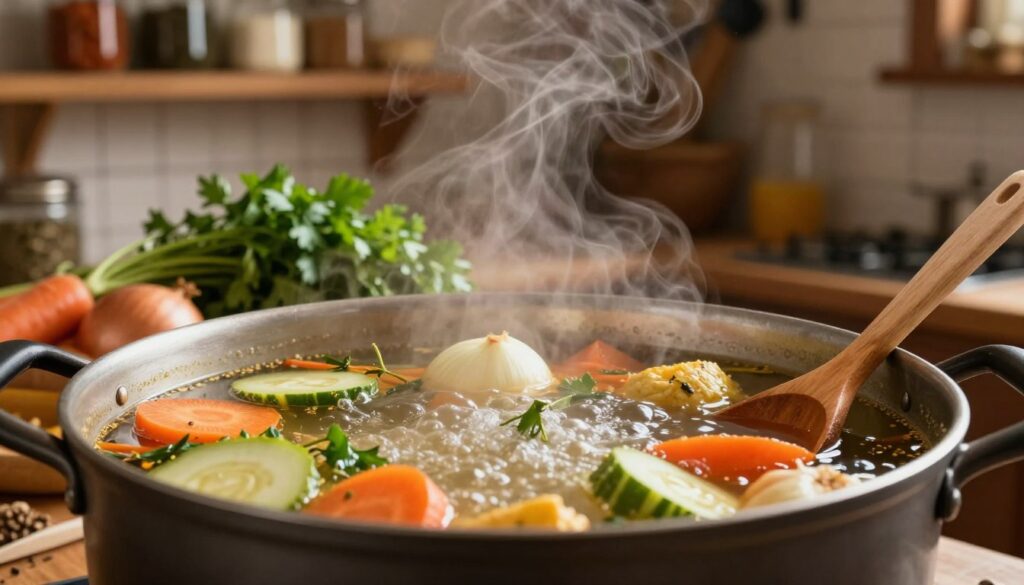 A rich, simmering pot of homemade wywar, filled with a variety of colorful vegetables and aromatic herbs. The foreground showcases the pot as it bubbles gently, steam rising in delicate tendrils. In the middle, a beautifully arranged display of fresh ingredients like carrots, onions, and parsley, hinting at their role in the broth. The background features a cozy kitchen setting with rustic wooden shelves, lined with spices and jars, softly lit by warm ambient lighting. A wooden spoon rests on the side of the pot, inviting the viewer into the comforting atmosphere of home cooking. The mood is warm and inviting, emphasizing the essence of traditional culinary practices. Ensure no text or markings are present.