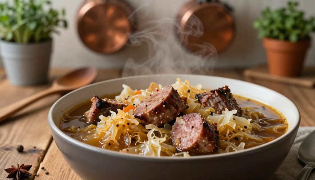 A rich, steaming bowl of bigos, the traditional Polish dish, is the centerpiece of the image. In the foreground, showcase the depth of the ingredients: tender cabbage, juicy chunks of sauerkraut, and various meats like sausage and pork, all simmering in a rich, dark broth. In the middle ground, present a rustic wooden table adorned with a wooden spoon and scattered spices, hinting at the preparation process. The background features a cozy, softly lit kitchen setting with copper pots hanging and herbs in pots, evoking a warm, inviting atmosphere. Utilize warm, natural lighting to enhance the colors and textures of the ingredients, with a shallow depth of field focusing on the bowl, conveying a sense of heartiness and depth of flavor. A rich, steaming bowl of bigos, the traditional Polish dish, is the centerpiece of the image. In the foreground, showcase the depth of the ingredients: tender cabbage, juicy chunks of sauerkraut, and various meats like sausage and pork, all simmering in a rich, dark broth. In the middle ground, present a rustic wooden table adorned with a wooden spoon and scattered spices, hinting at the preparation process. The background features a cozy, softly lit kitchen setting with copper pots hanging and herbs in pots, evoking a warm, inviting atmosphere. Utilize warm, natural lighting to enhance the colors and textures of the ingredients, with a shallow depth of field focusing on the bowl, conveying a sense of heartiness and depth of flavor.