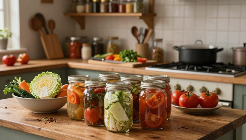 A rustic kitchen countertop brimming with preparation for canning food. In the foreground, several glass jars are meticulously lined up, their shiny surfaces reflecting soft, warm light. A bowl filled with fresh, colorful vegetables—cabbage, tomatoes, and spices—sits nearby, emphasizing freshness. The middle ground features a wooden cutting board with chopped ingredients, a sharp knife resting beside it, and a steaming pot on the stove, suggesting activity. In the background, rustic shelves are adorned with rows of spices and cooking utensils, creating a homey atmosphere. The lighting is soft and inviting, casting gentle shadows that enhance the cozy feel of the kitchen environment. The mood is one of preparation and care, embodying the essence of preserving food safely.