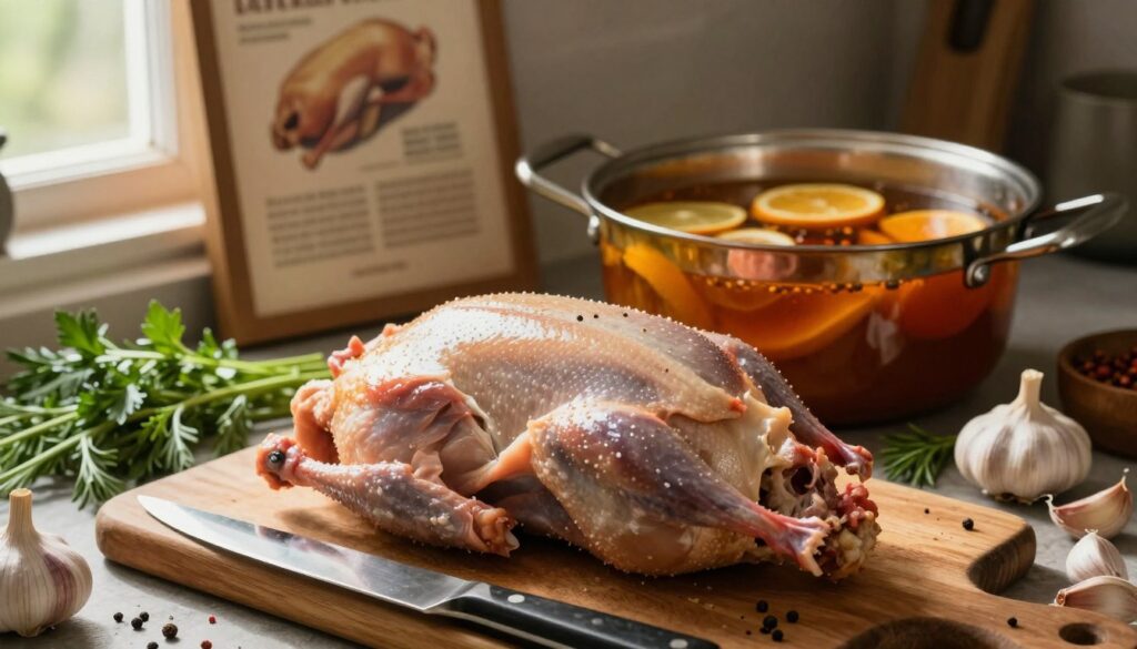 A rustic kitchen scene centered on the preparation of duck meat for marination. In the foreground, a whole duck sits on a wooden cutting board, surrounded by vibrant herbs, garlic, and spices. A framed recipe can be faintly seen in the background, hinting at a culinary tradition. A sharp knife glistens in the soft, warm light filtering through the window, casting gentle shadows. The middle ground features a pot with a rich marinade made from spices and citrus, rich colors exuding warmth and inviting ambiance. The overall atmosphere is one of calm preparation, evoking a sense of culinary craft and homey warmth. The angle captures the details and textures of the ingredients, ensuring a focus on the vibrant colors and rustic charm inherent to the scene. A rustic kitchen scene centered on the preparation of duck meat for marination. In the foreground, a whole duck sits on a wooden cutting board, surrounded by vibrant herbs, garlic, and spices. A framed recipe can be faintly seen in the background, hinting at a culinary tradition. A sharp knife glistens in the soft, warm light filtering through the window, casting gentle shadows. The middle ground features a pot with a rich marinade made from spices and citrus, rich colors exuding warmth and inviting ambiance. The overall atmosphere is one of calm preparation, evoking a sense of culinary craft and homey warmth. The angle captures the details and textures of the ingredients, ensuring a focus on the vibrant colors and rustic charm inherent to the scene.