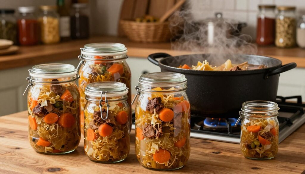 A rustic kitchen scene showcasing jars of bigos, a traditional Polish stew, simmering with rich, sauerkraut and meat textures. In the foreground, several glass jars, filled with the colorful mixture of cabbage, carrots, and various meats, are neatly arranged on a wooden table. The jars are slightly glistening under warm, diffused lighting that reflects off the glass, emphasizing the freshness of the ingredients. In the middle ground, a heavy pot on a stove filled with bubbling bigos, steam rising softly, creates a cozy atmosphere. The background features shelves lined with spices and additional cooking ingredients, enhancing the homey feel. The scene captures the essence of preparing bigos for canning, evoking a sense of warmth and culinary tradition.