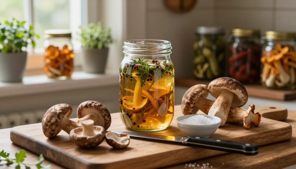 A rustic kitchen scene showcasing the preparation of mushrooms for marinating. In the foreground, a wooden cutting board with an assortment of freshly foraged mushrooms—such as shiitake, porcini, and chanterelles—displayed alongside a sharp knife and a small bowl of sea salt. In the middle ground, there is a glass jar filled with a vibrant homemade marinade made of herbs and spices, reflecting the warm golden light from a nearby window. The background features shelves lined with jars of pickled vegetables and fresh herbs. Soft, natural lighting creates a cozy and inviting atmosphere, emphasizing the artisanal feel of home preservation. The overall mood is warm and homely, evoking a sense of traditional culinary craftsmanship.