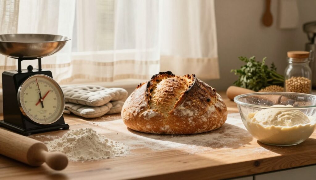 A rustic kitchen setting filled with the warm glow of soft, golden light filtering through sheer curtains. In the foreground, a wooden table displays various baking tools: a measuring scale, flour, and a mixing bowl with a well-prepared dough. In the middle, a loaf of freshly baked whole wheat bread, showcasing its ideal crust: golden brown and slightly glossy, with a perfect rise. Behind, oven mitts and a baking stone can be seen, accompanied by herbs and grains, hinting at the artisanal process. The atmosphere is cozy and inviting, evoking the joy of baking. Capture the textures of the bread's crust and crumb, emphasizing the importance of technique in achieving the perfect loaf.