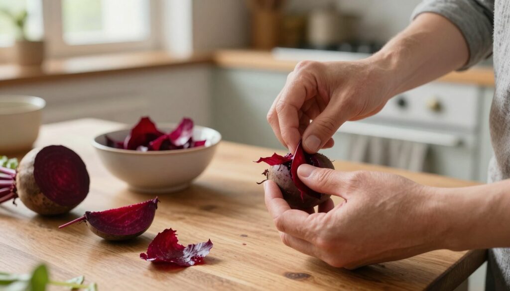 A rustic kitchen setting, focusing on a wooden table where freshly boiled beets are being peeled. In the foreground, a pair of hands in modest casual clothing is gently removing the vibrant red skins of the beets, showing the deep purple flesh underneath. The middle ground features a small bowl collecting the skins and a few beets still waiting to be peeled. The background reveals a cozy kitchen atmosphere with soft, natural lighting filtering through a window, enhancing the colors of the beets and the wooden table. The scene conveys a warm, inviting mood, emphasizing the process of simplifying beet preparation with a focus on the tactile experience of peeling.