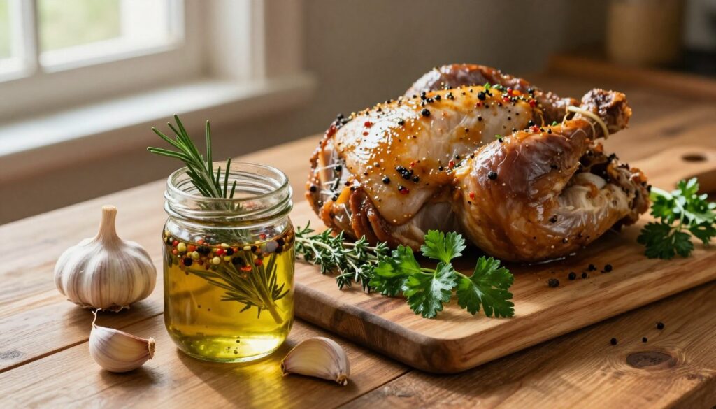 A rustic kitchen setting with fresh garlic cloves and an assortment of vibrant herbs like rosemary, thyme, and parsley elegantly arranged on a wooden cutting board. In the foreground, there's a glass jar filled with a fragrant marinade, showcasing the ingredients: olive oil, vinegar, and spices, infused with garlic. The middle ground features a wooden table where a marinated turkey breast is artfully displayed, glistening with the aromatic mixture. In the background, soft, warm light filters through a nearby window, casting gentle shadows and creating a cozy atmosphere that evokes a sense of culinary passion. The scene is captured from a slightly elevated angle to emphasize the textures and colors, inviting viewers to explore the techniques of flavorful marination. A rustic kitchen setting with fresh garlic cloves and an assortment of vibrant herbs like rosemary, thyme, and parsley elegantly arranged on a wooden cutting board. In the foreground, there's a glass jar filled with a fragrant marinade, showcasing the ingredients: olive oil, vinegar, and spices, infused with garlic. The middle ground features a wooden table where a marinated turkey breast is artfully displayed, glistening with the aromatic mixture. In the background, soft, warm light filters through a nearby window, casting gentle shadows and creating a cozy atmosphere that evokes a sense of culinary passion. The scene is captured from a slightly elevated angle to emphasize the textures and colors, inviting viewers to explore the techniques of flavorful marination.