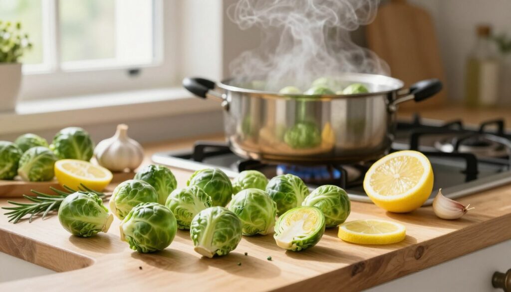 A serene kitchen setting, showcasing a wooden countertop with fresh Brussels sprouts in the foreground, some cut in half to reveal their vibrant green interiors. Surrounding the sprouts are various ingredients known for reducing bitterness, like lemon slices, garlic cloves, and a sprig of rosemary, artfully arranged. In the middle ground, a steaming pot of Brussels sprouts is boiling on a stove, with wisps of steam creating a soft focus, indicating a gentle cooking process. The background includes a well-lit window with natural sunlight streaming in, casting a warm glow over the scene. The atmosphere is inviting and wholesome, evoking a sense of comfort and culinary exploration, perfect for a healthy cooking theme. The composition emphasizes the freshness and preparation of Brussels sprouts.