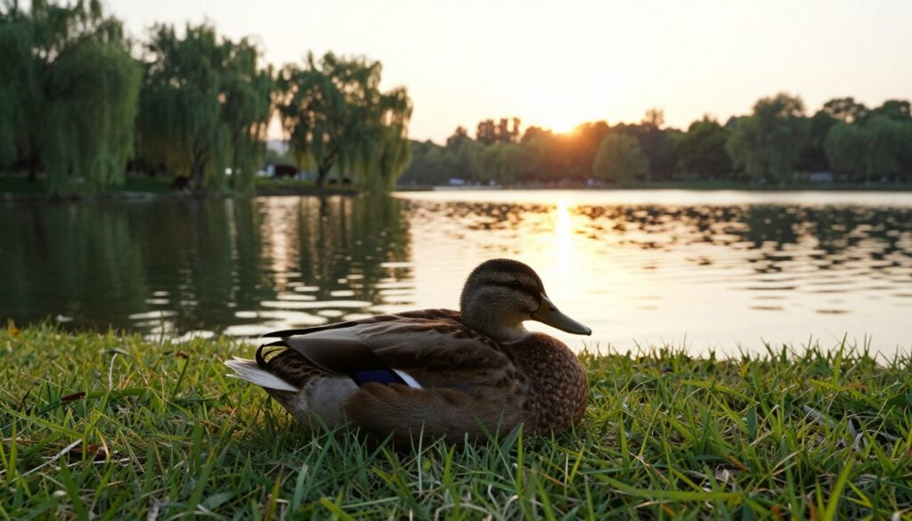 A serene scene of a duck resting by a calm lake, embodying tranquility and relaxation. In the foreground, the duck sits comfortably on a bed of lush green grass, its feathers glistening under the soft, warm golden light of a late afternoon sun. In the middle ground, gentle ripples of the lake reflect the surrounding willow trees, creating a picturesque backdrop. The background features a soft, blurred horizon where the sun sets, casting a warm, inviting glow over the scene. The mood is peaceful and reflective, capturing the essence of rest and contentment. The lighting is natural and soft, highlighting the textures of the duck's feathers and the greenery around it. The angle is low, focusing on the duck while providing a panoramic view of the tranquil lakeside setting. A serene scene of a duck resting by a calm lake, embodying tranquility and relaxation. In the foreground, the duck sits comfortably on a bed of lush green grass, its feathers glistening under the soft, warm golden light of a late afternoon sun. In the middle ground, gentle ripples of the lake reflect the surrounding willow trees, creating a picturesque backdrop. The background features a soft, blurred horizon where the sun sets, casting a warm, inviting glow over the scene. The mood is peaceful and reflective, capturing the essence of rest and contentment. The lighting is natural and soft, highlighting the textures of the duck's feathers and the greenery around it. The angle is low, focusing on the duck while providing a panoramic view of the tranquil lakeside setting.