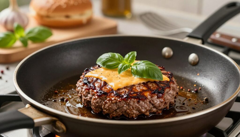 A sizzling beef burger on a hot frying pan, perfectly seared with a rich, caramelized crust. In the foreground, the burger is centered, showcasing its juicy patty topped with melting cheese and a few fresh basil leaves. The pan has a glossy sheen from the cooking oil, and is surrounded by a scattering of spices and fresh ingredients. In the middle ground, a pair of well-used cooking utensils rests beside the pan, emphasizing the step-by-step cooking process. The background features a softly blurred kitchen setting with warm, ambient lighting, suggesting a cozy and inviting atmosphere. The angle is slightly above the pan, capturing the burger’s vivid textures and colors, evoking a mouthwatering culinary experience. A sizzling beef burger on a hot frying pan, perfectly seared with a rich, caramelized crust. In the foreground, the burger is centered, showcasing its juicy patty topped with melting cheese and a few fresh basil leaves. The pan has a glossy sheen from the cooking oil, and is surrounded by a scattering of spices and fresh ingredients. In the middle ground, a pair of well-used cooking utensils rests beside the pan, emphasizing the step-by-step cooking process. The background features a softly blurred kitchen setting with warm, ambient lighting, suggesting a cozy and inviting atmosphere. The angle is slightly above the pan, capturing the burger’s vivid textures and colors, evoking a mouthwatering culinary experience.